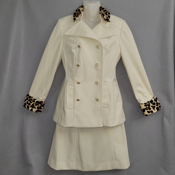 Vintage 60s Ivory Leopard Fur Trim Suit Double Breasted Blazer Mini Skirt S - Picture 1 of 15